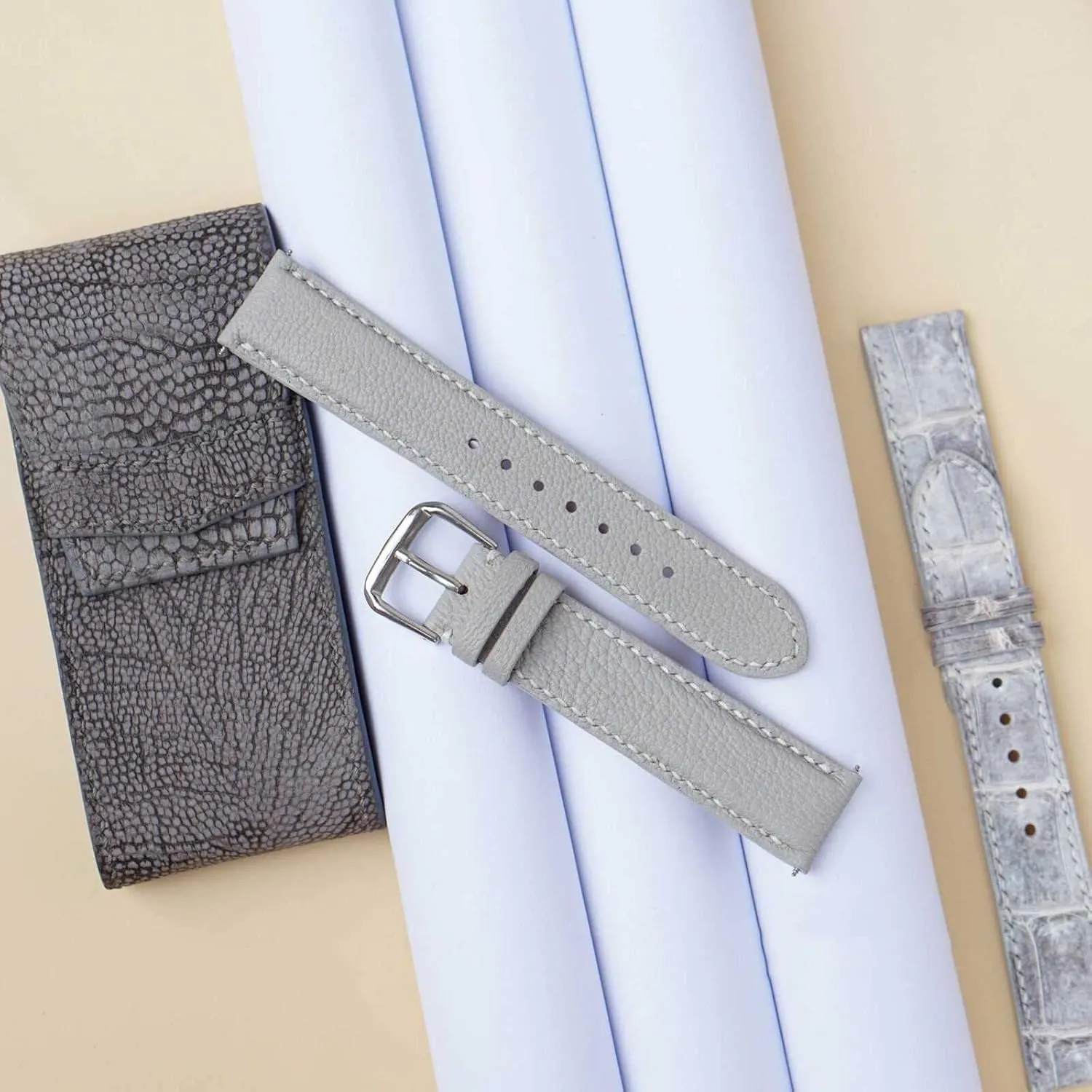 watch strap (20mm, Steel Folding Clasp) Alran Chevre Sully leather intertwine watch band, Light Grey Goat leather 