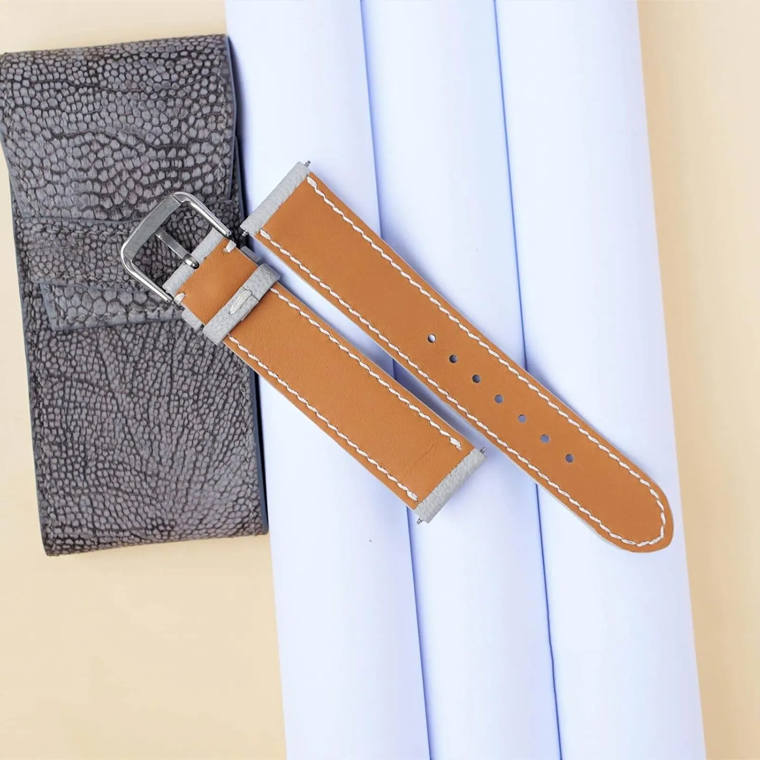 watch strap (20mm, Steel Folding Clasp) Alran Chevre Sully leather intertwine watch band, Light Grey Goat leather 