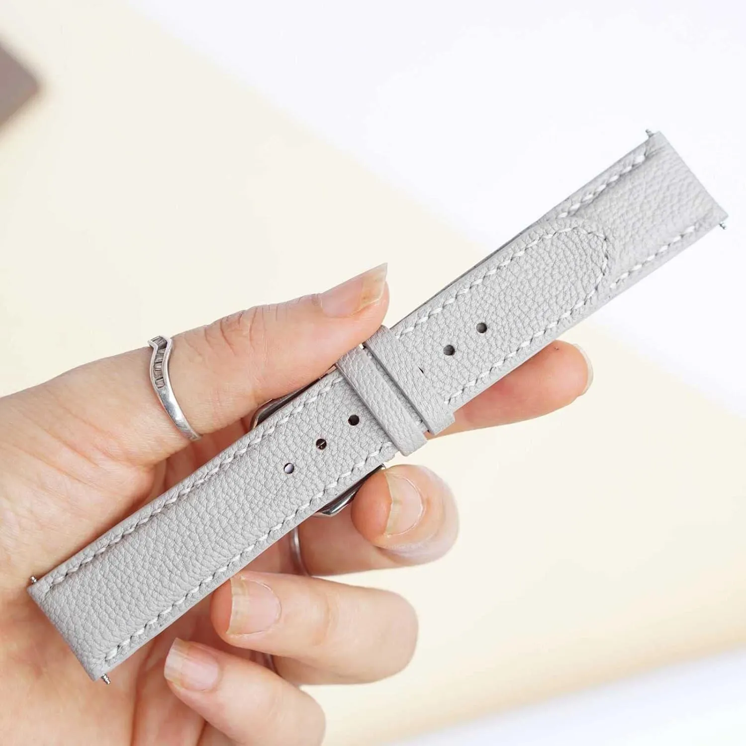 watch strap (20mm, Steel Folding Clasp) Alran Chevre Sully leather intertwine watch band, Light Grey Goat leather 