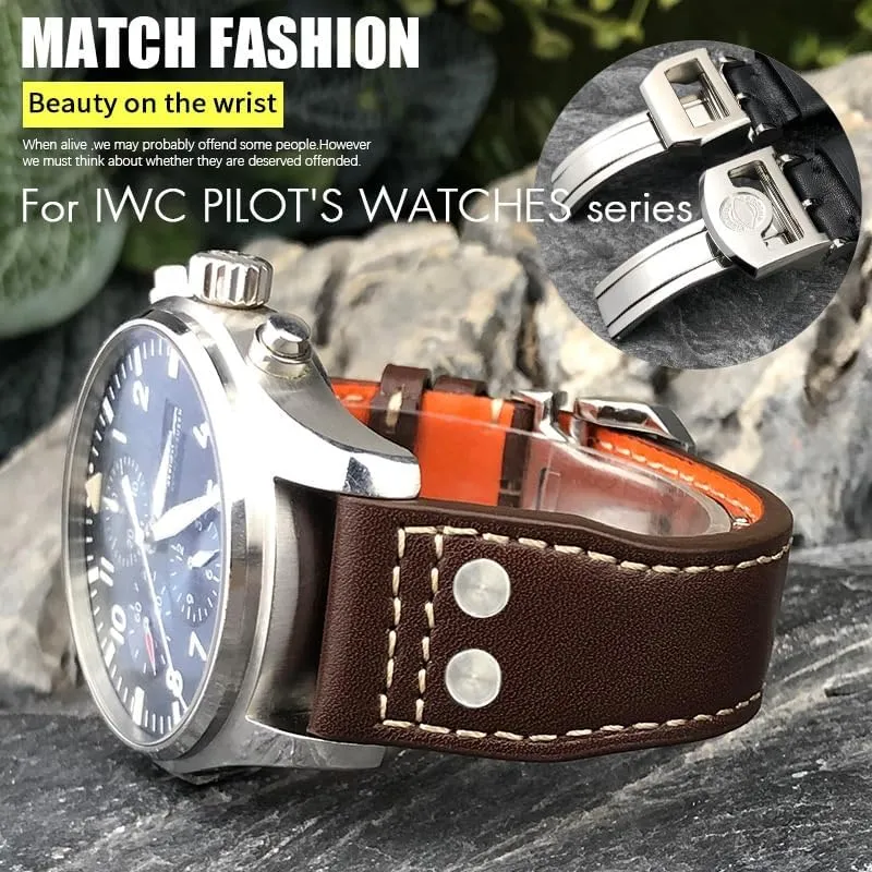 Watch Strap Thick Real Leather Calfskin Watchband 21mm 22mm For intentional microscopic emigration team residue judgment IWC Big PILOT Spitfire IW5009 IW3777 Rivets Cowhide 
