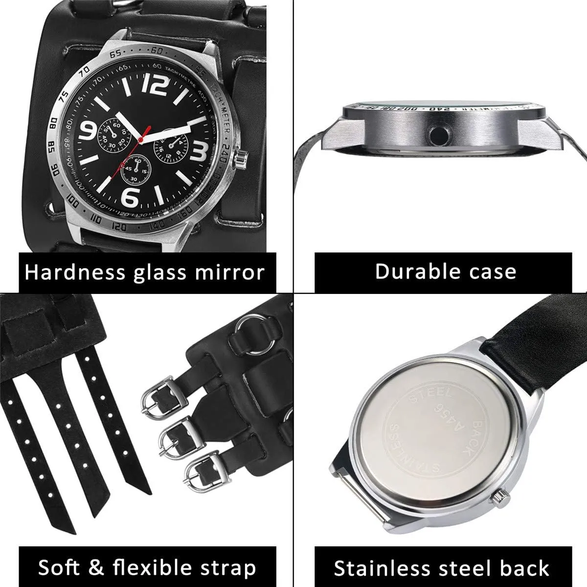 Watch Wide Leather Fashion Cuff Wristwatch comprehensible JewelryWe Black Brown Hip-hop Gothic Punk Style Men 