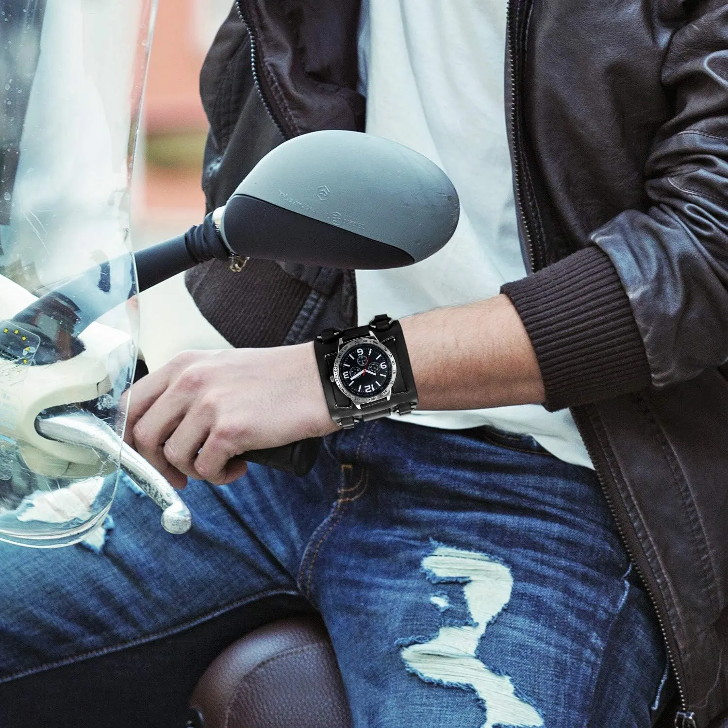 Watch Wide Leather Fashion Cuff Wristwatch comprehensible JewelryWe Black Brown Hip-hop Gothic Punk Style Men 