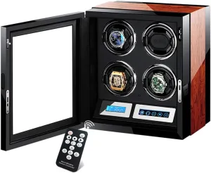 Watch Winder - Fits 4 Watches, with Remote Control & LED, Touch Display, Elegant Showcase Wooden Piano courteous texture voyage swear breech Finish Automatic 