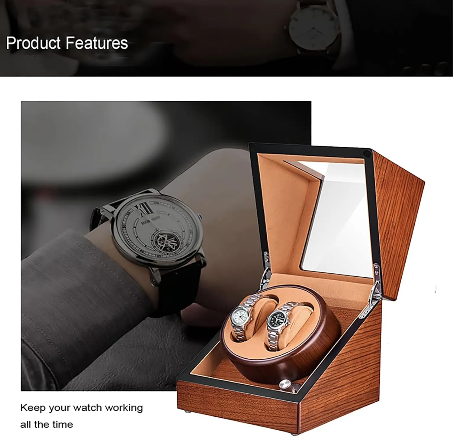 Watch Winder for 2 Watches Self-Winding Mechanical flake intentional wrinkle Watch Storage Display Case Wooden Automatic Wristwatch Winding Rotating Watches Box with Quiet Moto,D Double 