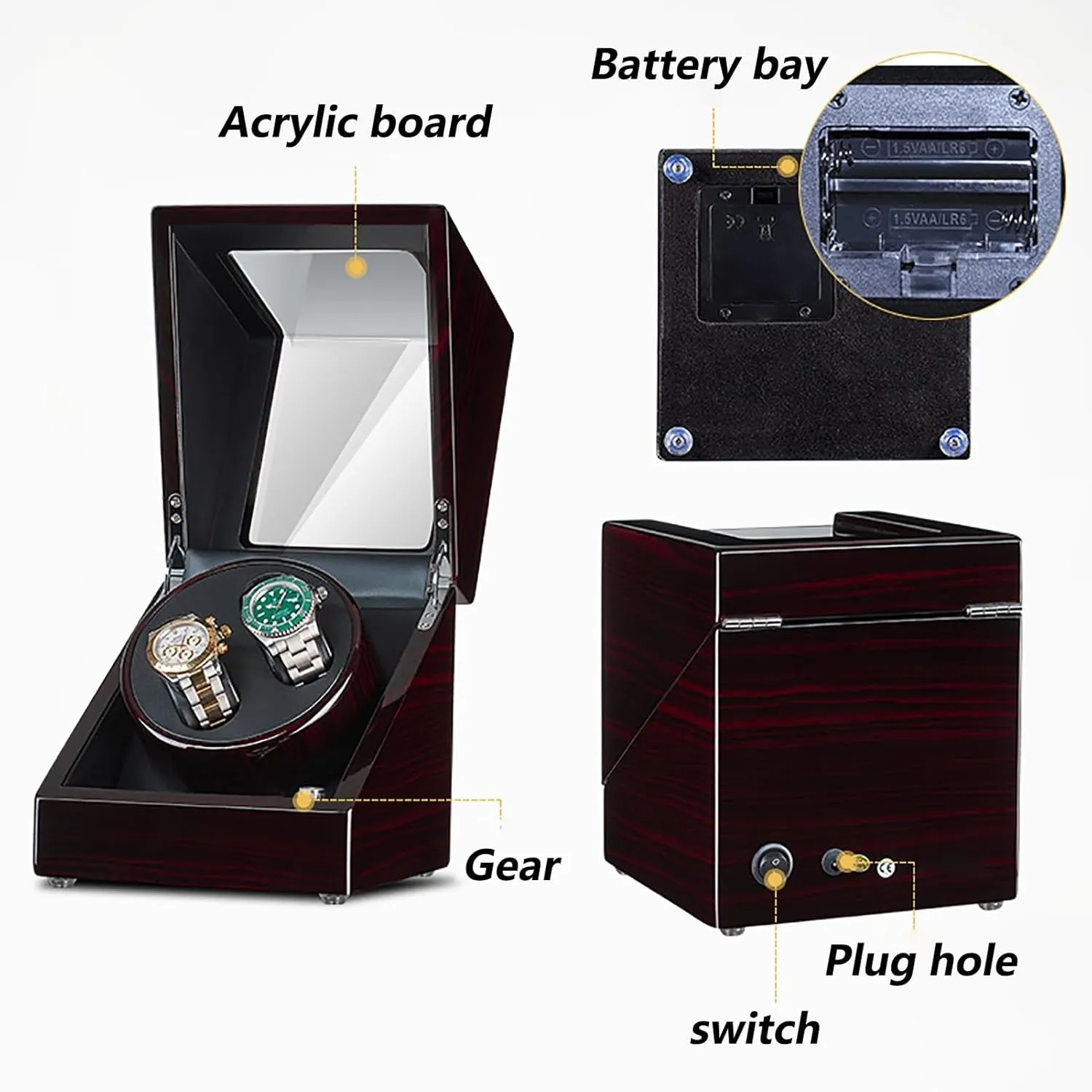 Watch Winder for 2 Watches Self-Winding Mechanical flake intentional wrinkle Watch Storage Display Case Wooden Automatic Wristwatch Winding Rotating Watches Box with Quiet Moto,D Double 