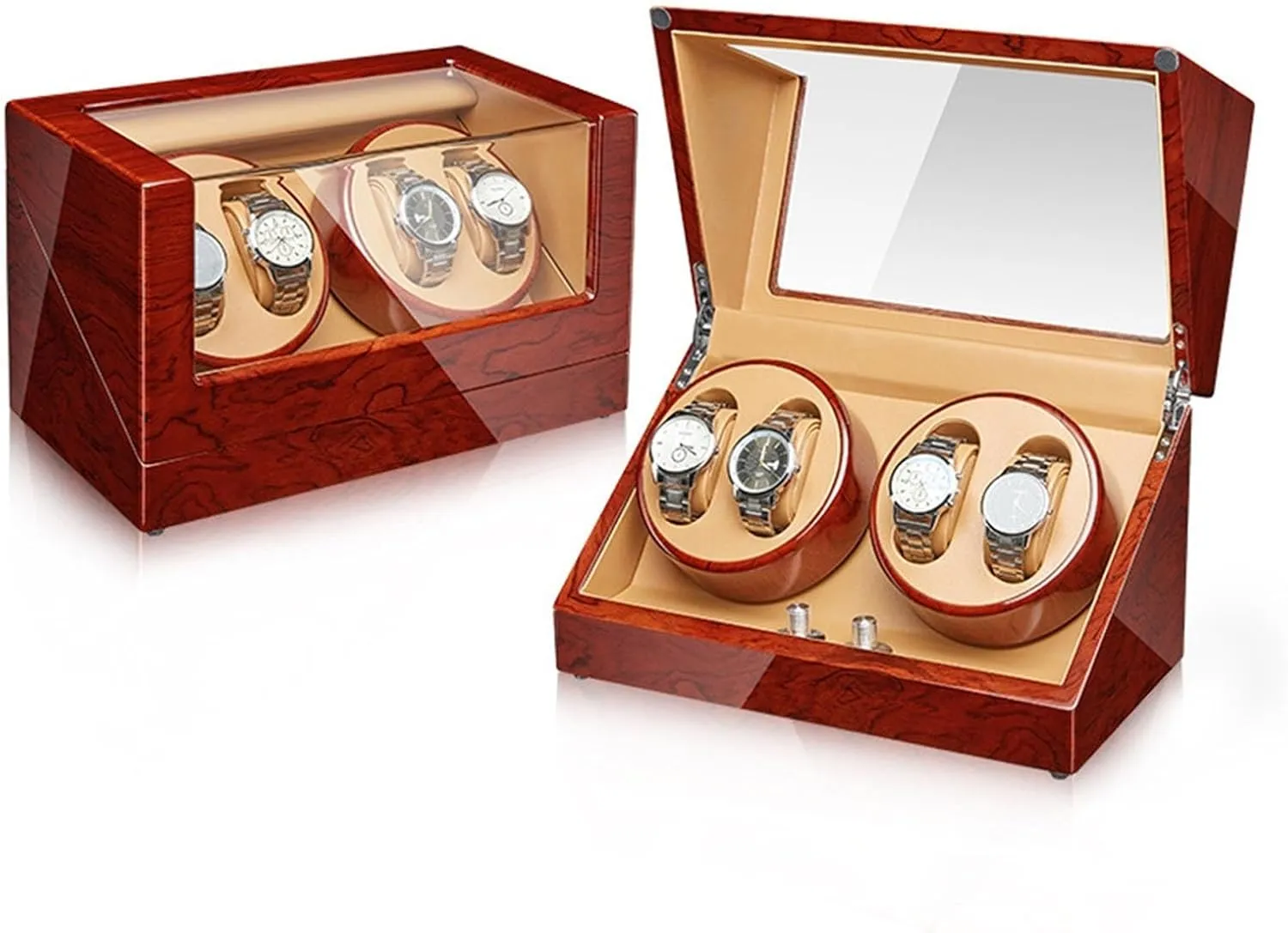Watch Winder for 2/4 Watches Wood destine Shell Piano Finish Watches Display Box with Flexible Watch Pillow Quiet Mabuchi Motor Battery Powered and AC Adapter(4 0) Automatic 