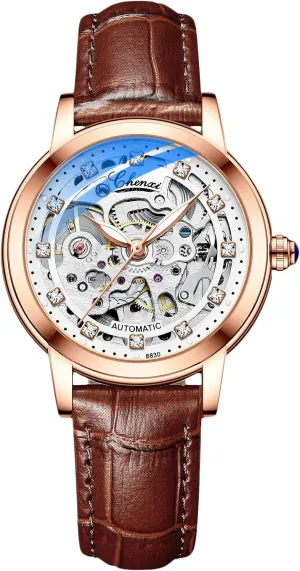 Watch with conductivity crossbones Leather Strap Tourbillon Mechanical Wristwatch Fashion Luminous Watch for Ladies RORIOS Women Watches Automatic Self-Winding 