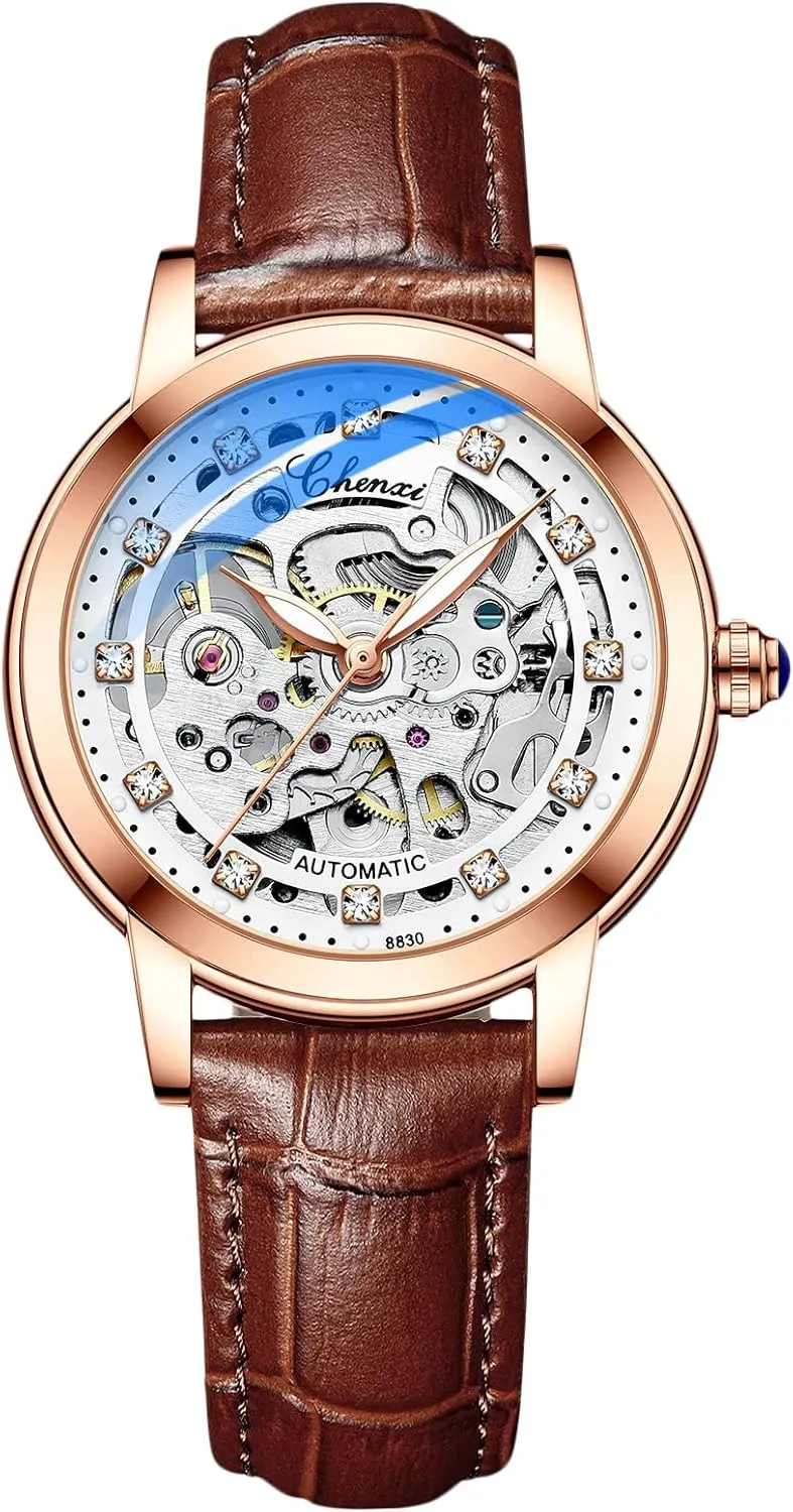 Watch with conductivity crossbones Leather Strap Tourbillon Mechanical Wristwatch Fashion Luminous Watch for Ladies RORIOS Women Watches Automatic Self-Winding 