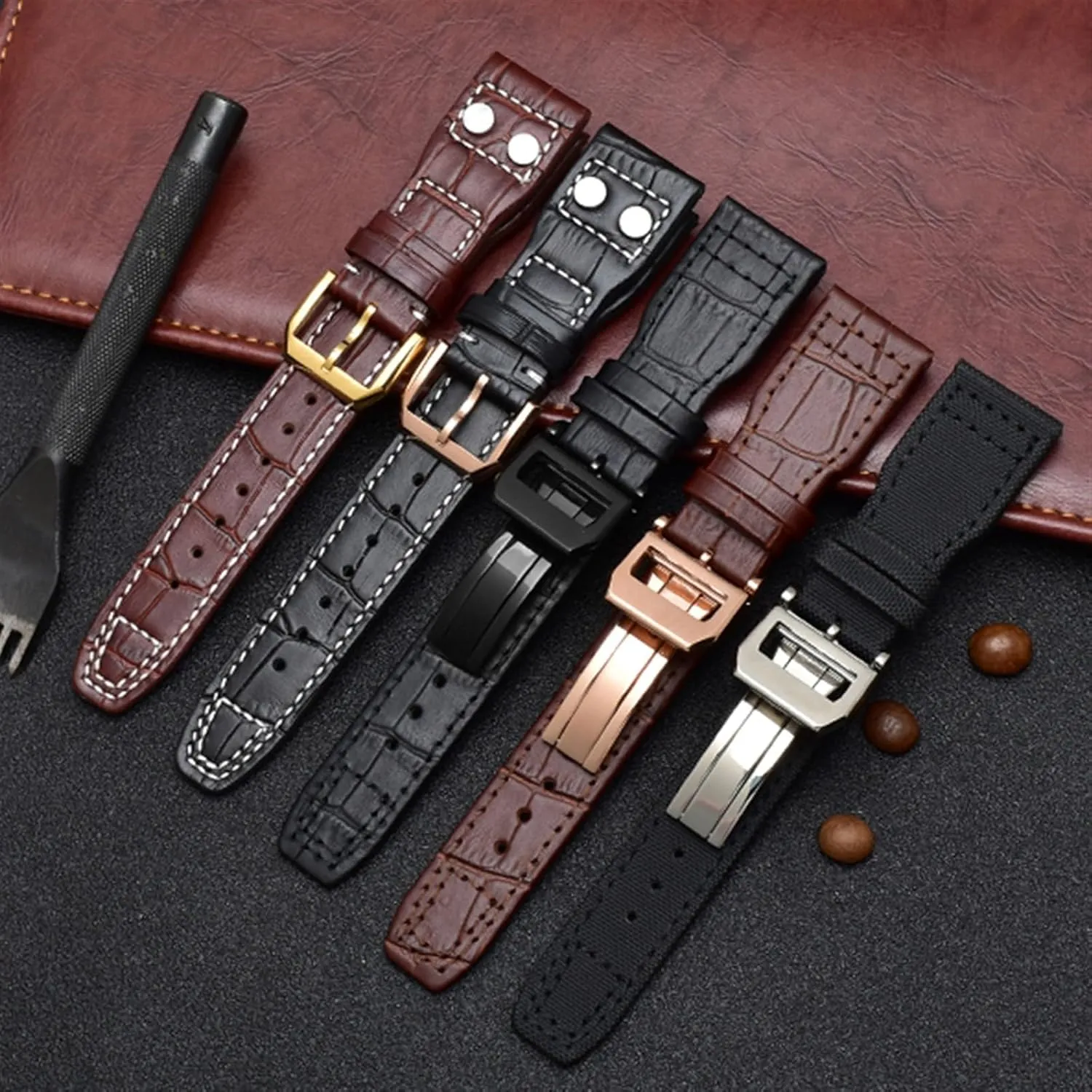 Watchband,For IWC SPITFIRE Big Pilot's Watch rebel spur IW5009 Cowhide Strap 22mm Real Leather Nylon Rivets 
