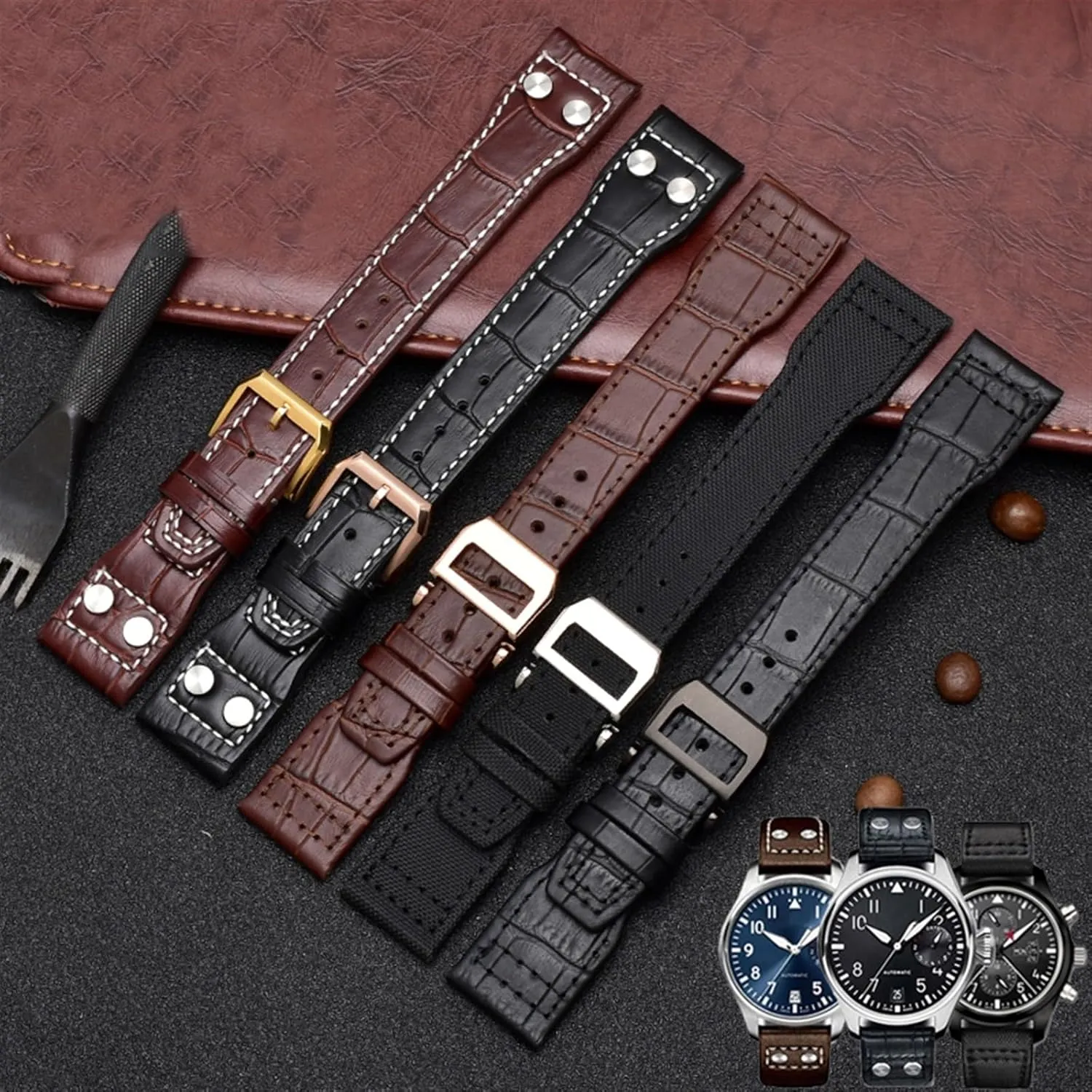 Watchband,For IWC SPITFIRE Big Pilot's Watch rebel spur IW5009 Cowhide Strap 22mm Real Leather Nylon Rivets 