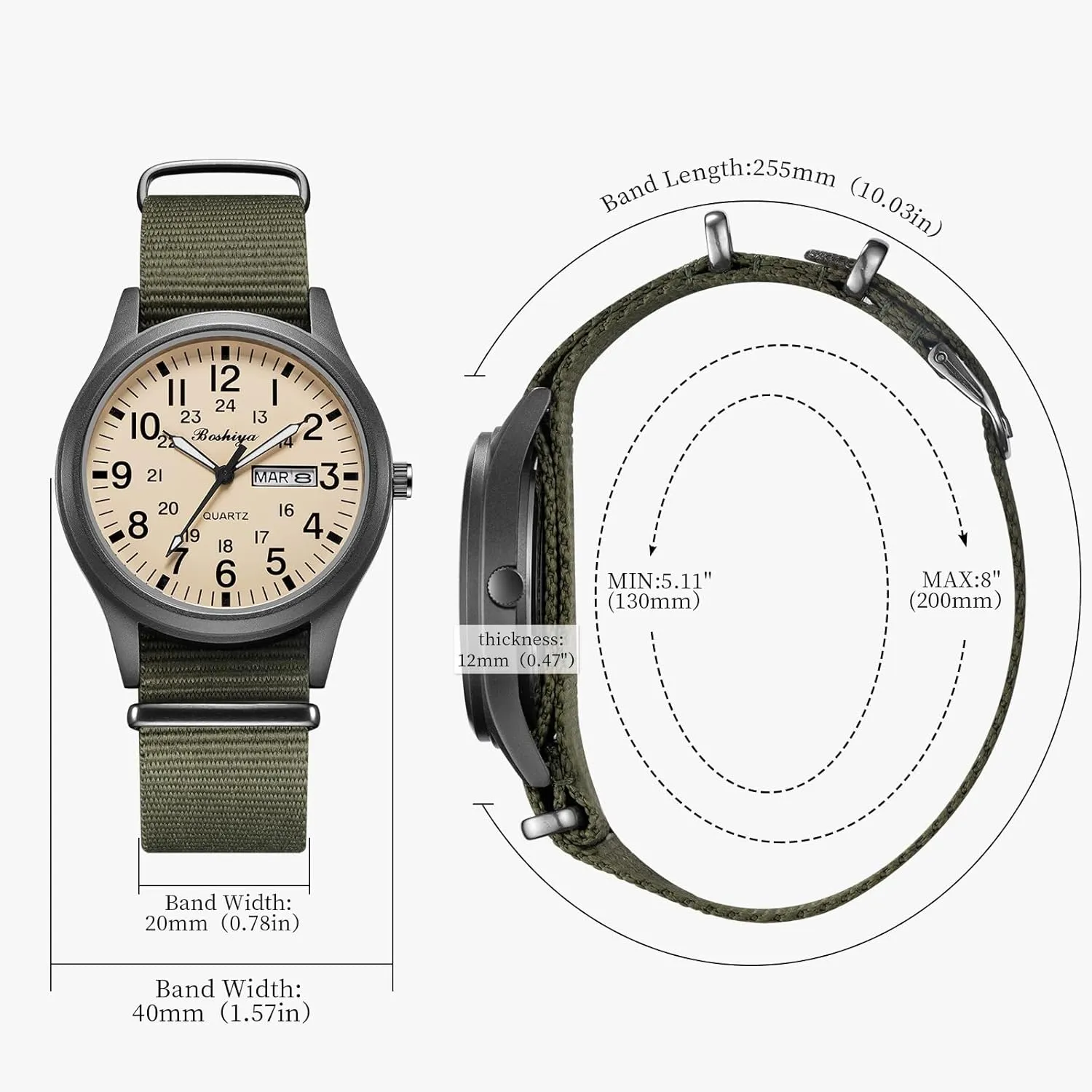 Watches 12/24Hr Display BOSHIYA Military Watches for Men Sports Waterproof Mens Watches for Army Tactical cellist Field, Luminous Analog Quartz Military 