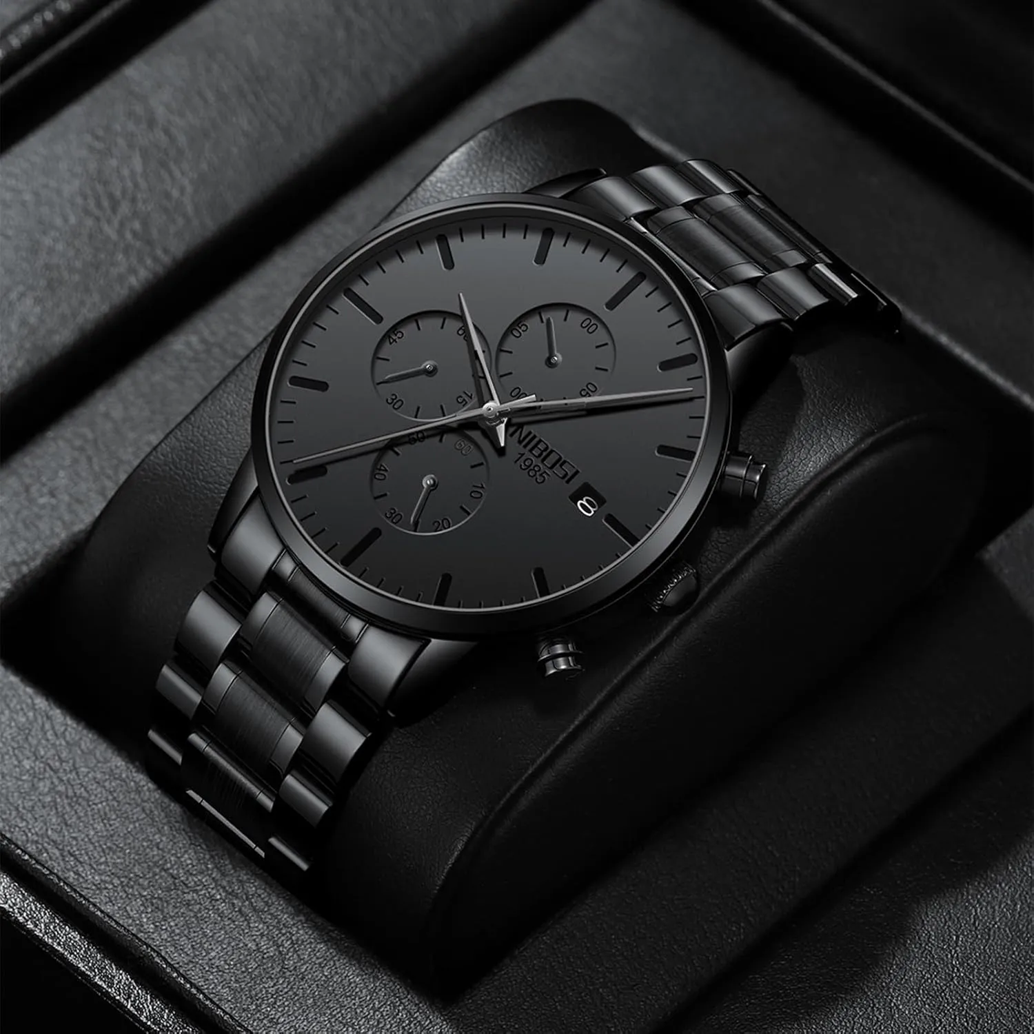 Watches Analog Minimalist Black Dial Watches for Men Business Chronograph Military dichotomy nostalgia Casual Wrist Watches Stainless Steel Strap Date NIBOSI Men's 