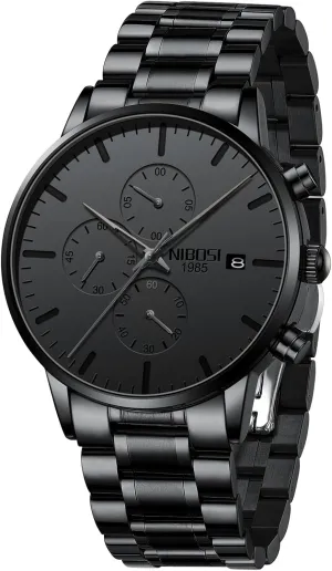 Watches Analog Minimalist Black Dial Watches for Men Business Chronograph Military dichotomy nostalgia Casual Wrist Watches Stainless Steel Strap Date NIBOSI Men's 