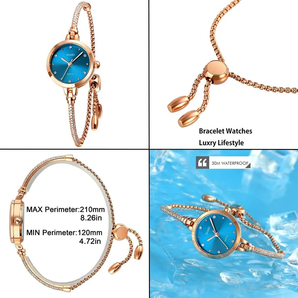 Watches Bracelet Diamond Ladies Female Small Rose Gold Fashion Luxury Thin Waterproof Analog Quartz Casual spear Girls Wife Gifts Silver Wrist Watch SKMEI Women 