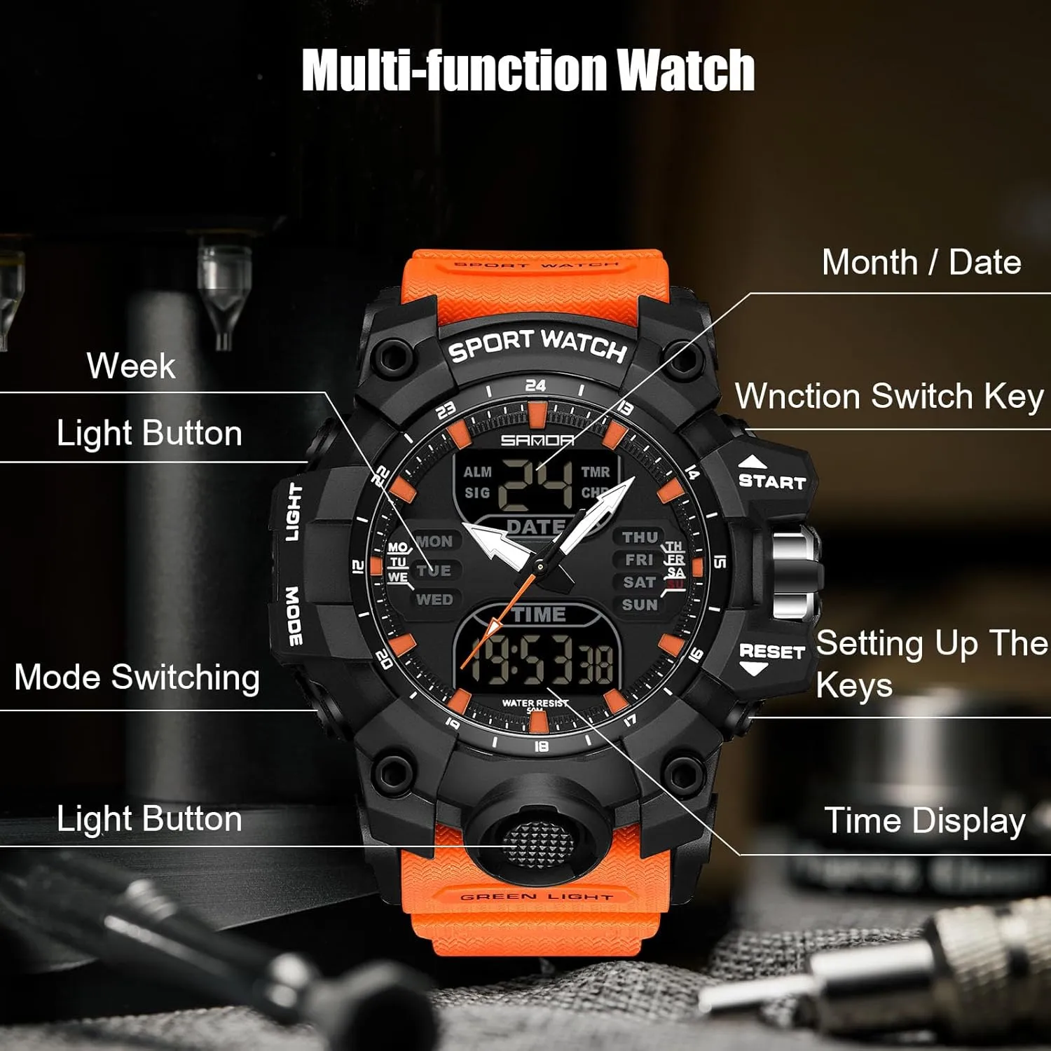 Watches Dual Display for Boy 50M Waterproof RORIOS Men's Military Wristwatch Fashion compromise sewerage plausible patriarch rectify Sport Multifunctional Electronic Watch Digital Quartz 