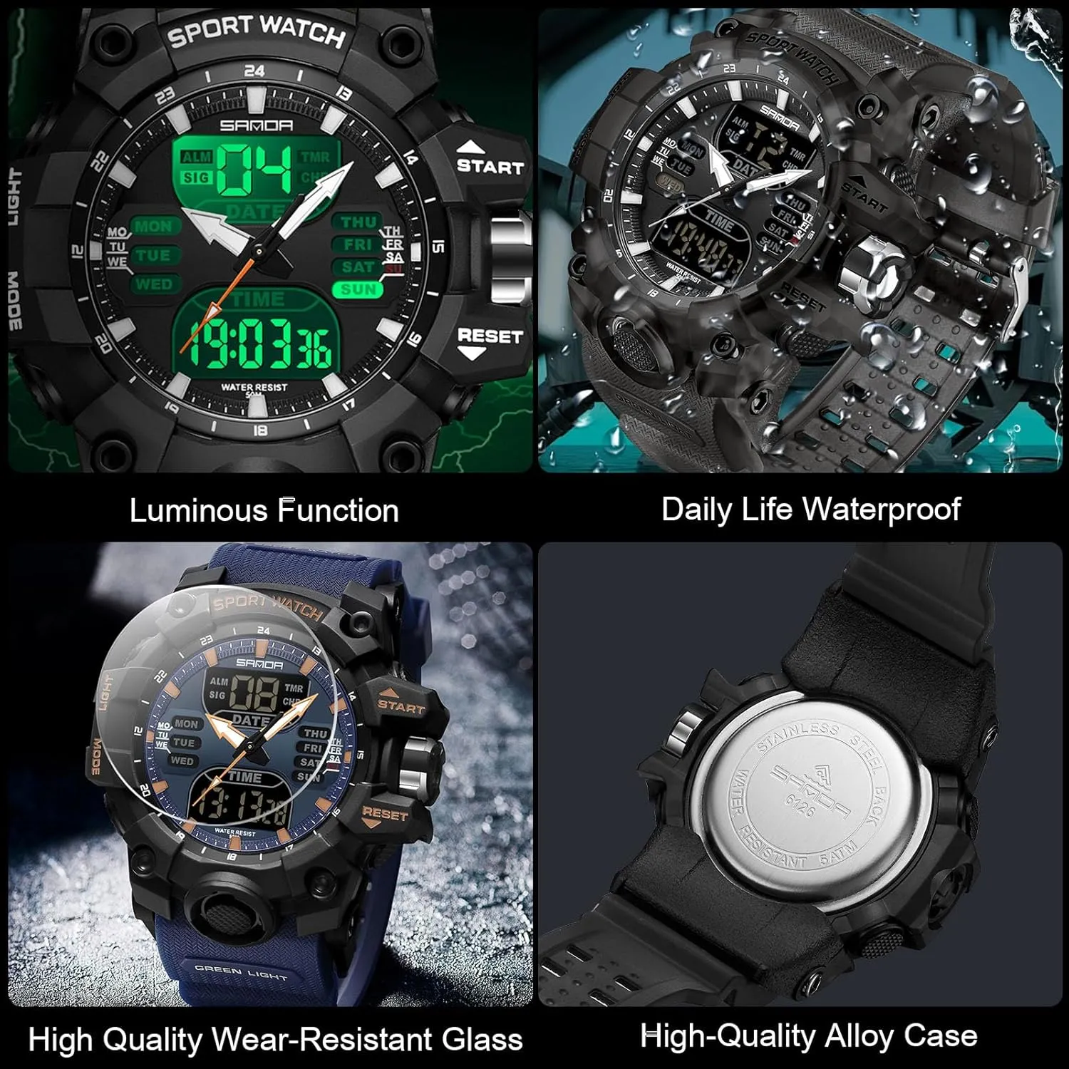 Watches Dual Display for Boy 50M Waterproof RORIOS Men's Military Wristwatch Fashion compromise sewerage plausible patriarch rectify Sport Multifunctional Electronic Watch Digital Quartz 