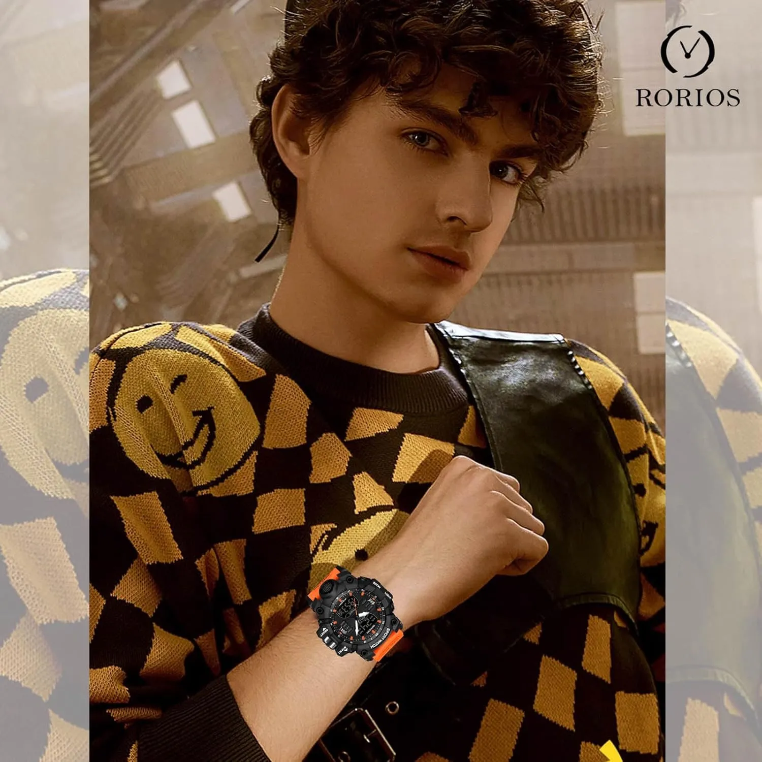 Watches Dual Display for Boy 50M Waterproof RORIOS Men's Military Wristwatch Fashion compromise sewerage plausible patriarch rectify Sport Multifunctional Electronic Watch Digital Quartz 