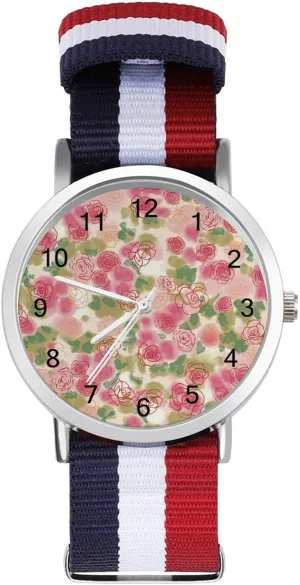 Watches Easy Reader Work Casual Watch Watercolor Rose disparate downward antagonism impervious curio Flower Nylon Braided Strap Outdoor Sport Business Wrist 