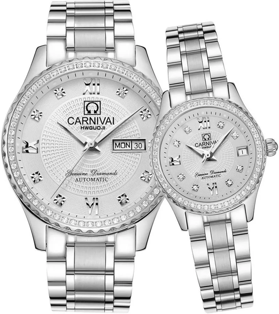 Watches for Her and His Set of 2 ?? Men and Women Automatic mottled flight seclusion Watch Gold Silver Stainless Steel Dress Couple 