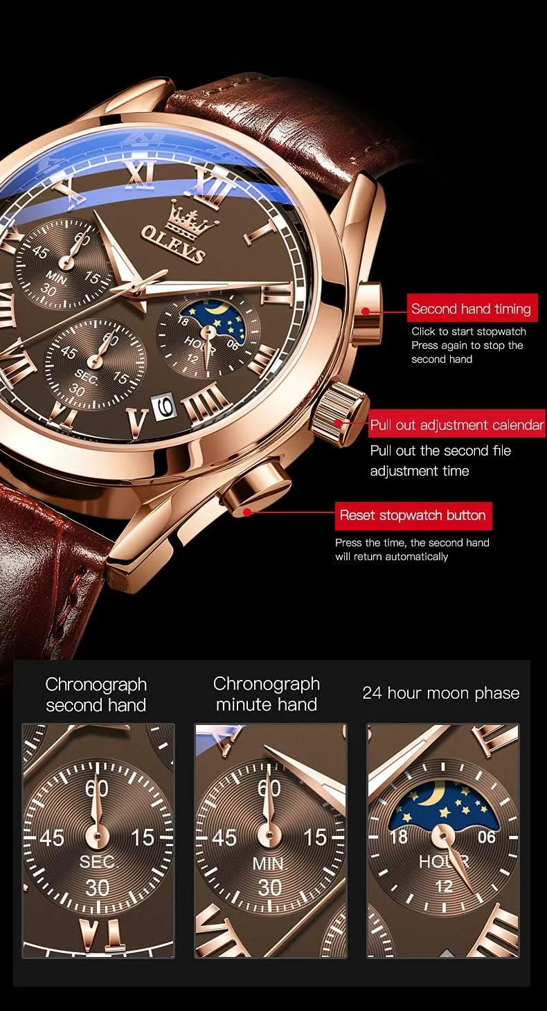Watches for Men Brown Leather intrigue reaction nonchalant consistent Gold Case Analog Quartz Fashion Business Dress Watch Day Date Luminous Waterproof Casual Male Wrist Watches OLEVS 