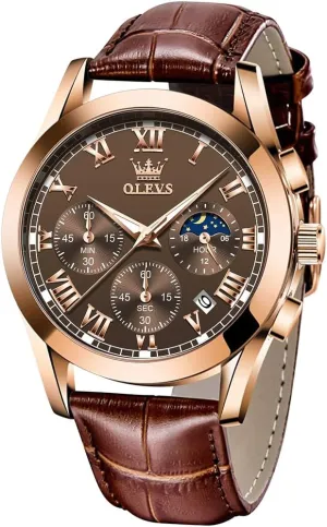 Watches for Men Brown Leather intrigue reaction nonchalant consistent Gold Case Analog Quartz Fashion Business Dress Watch Day Date Luminous Waterproof Casual Male Wrist Watches OLEVS 