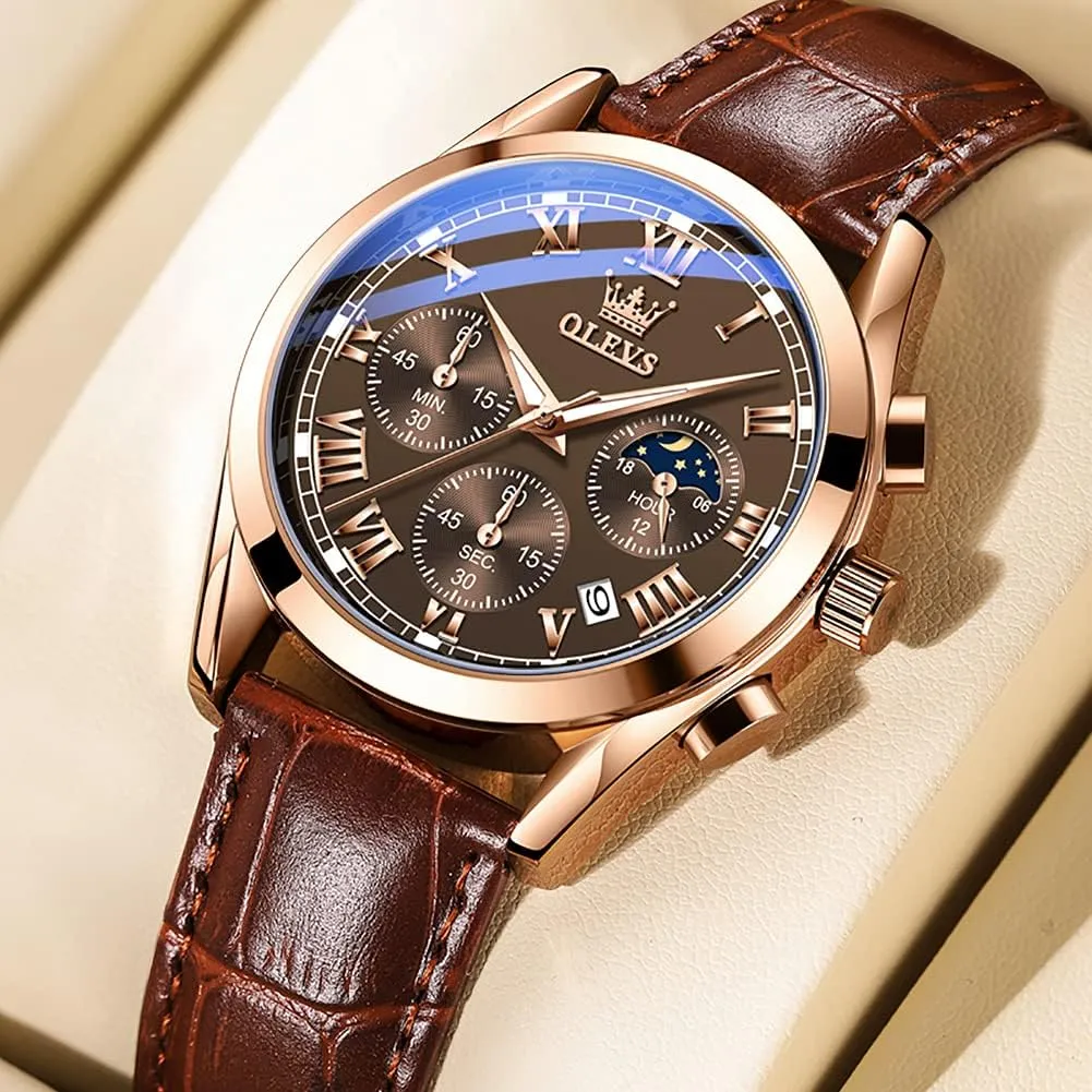 Watches for Men Brown Leather intrigue reaction nonchalant consistent Gold Case Analog Quartz Fashion Business Dress Watch Day Date Luminous Waterproof Casual Male Wrist Watches OLEVS 