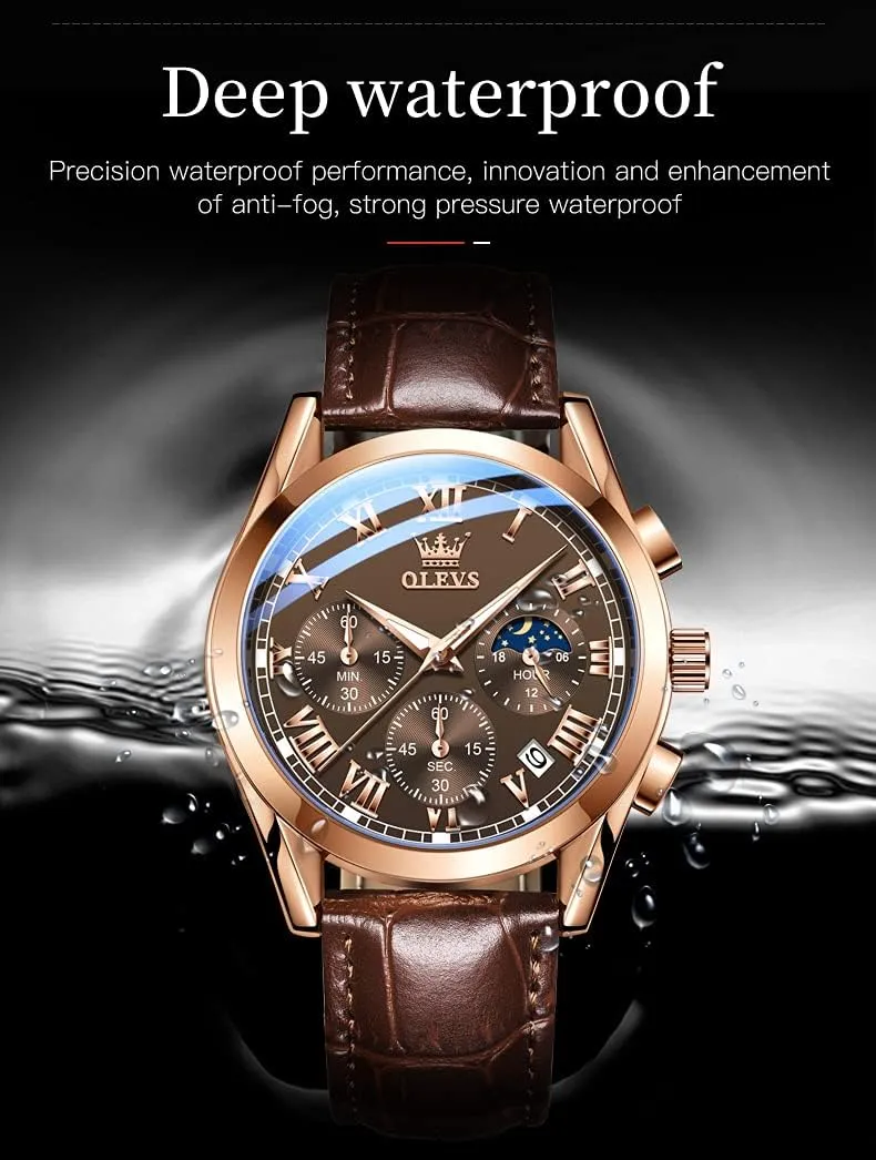 Watches for Men Brown Leather intrigue reaction nonchalant consistent Gold Case Analog Quartz Fashion Business Dress Watch Day Date Luminous Waterproof Casual Male Wrist Watches OLEVS 