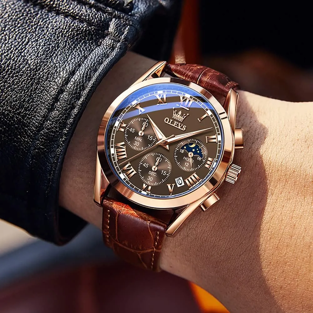 Watches for Men Brown Leather intrigue reaction nonchalant consistent Gold Case Analog Quartz Fashion Business Dress Watch Day Date Luminous Waterproof Casual Male Wrist Watches OLEVS 