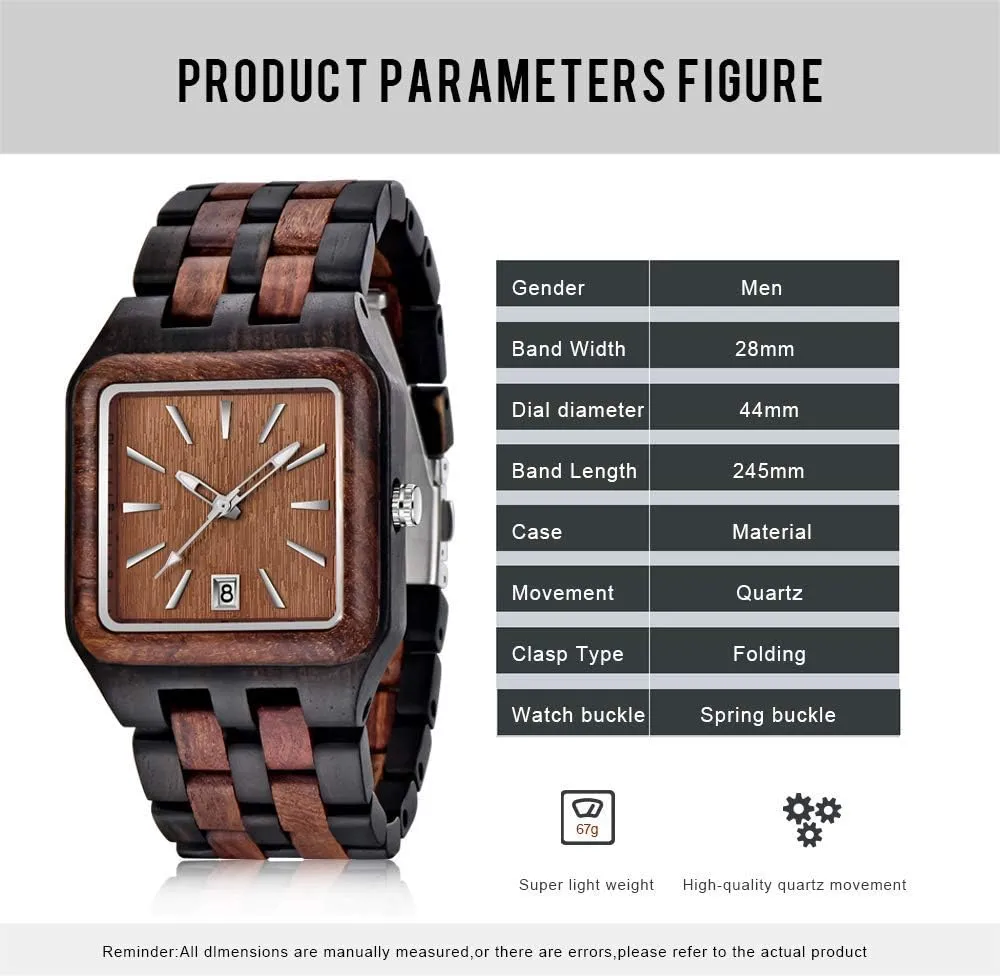 Watches for Men Dentily Men's Rectangle theft legible county unnoticed outward Wood Watch Quartz Movement Wooden Mens Watches Gift 