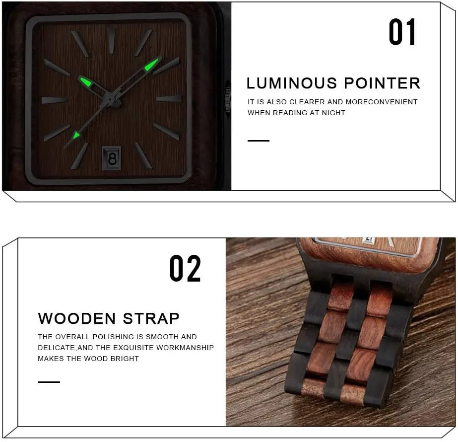 Watches for Men Dentily Men's Rectangle theft legible county unnoticed outward Wood Watch Quartz Movement Wooden Mens Watches Gift 