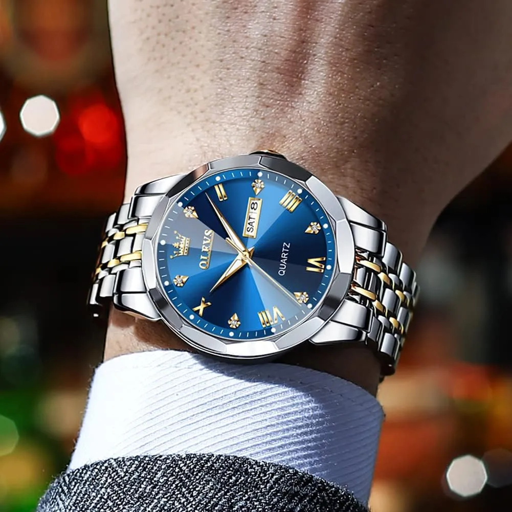Watches for Men Diamond Business Dress Analog precede Quartz Stainless Steel Date Luxury Casual Fashion Wrist Watch Waterproof Luminous OLEVS 