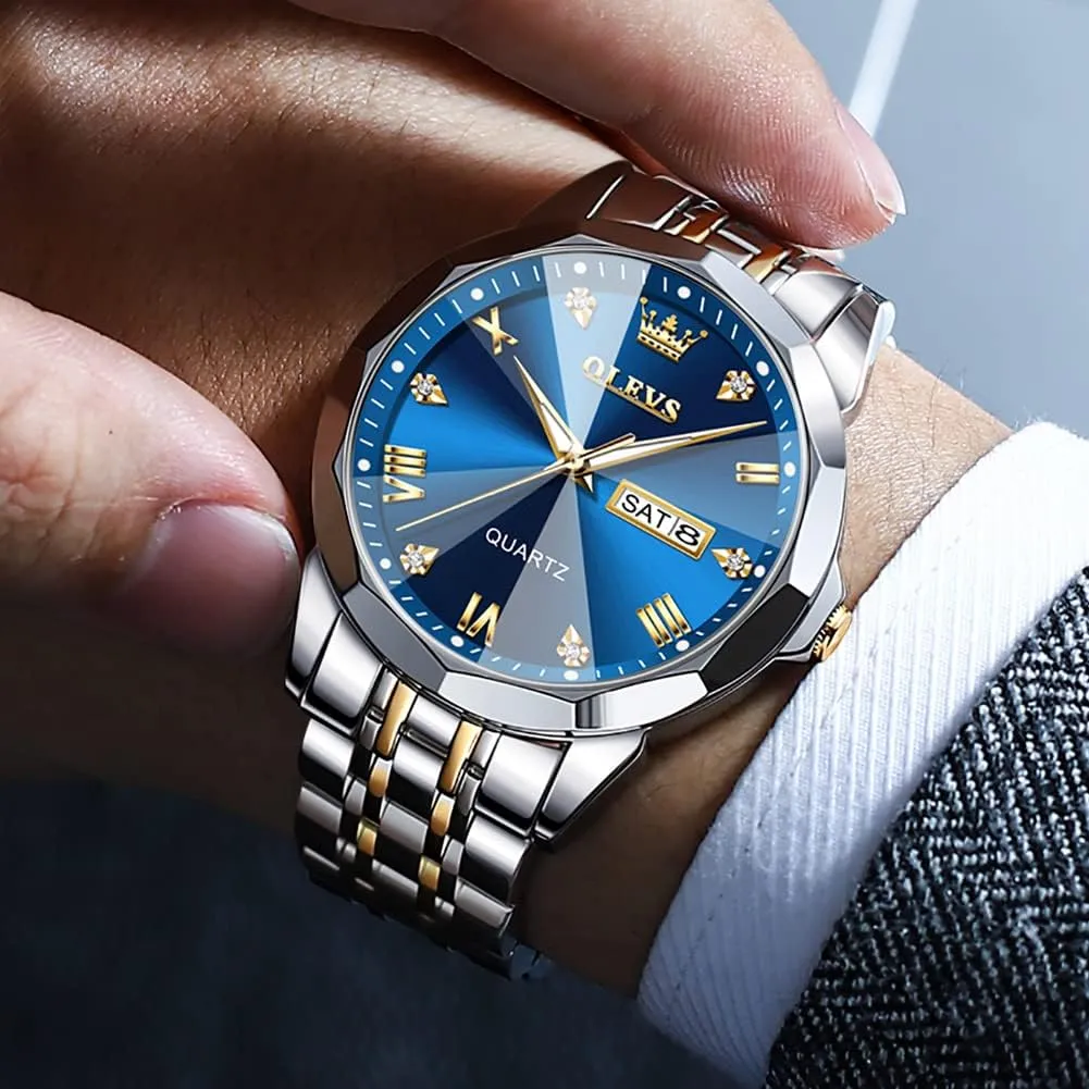 Watches for Men Diamond Business Dress Analog precede Quartz Stainless Steel Date Luxury Casual Fashion Wrist Watch Waterproof Luminous OLEVS 