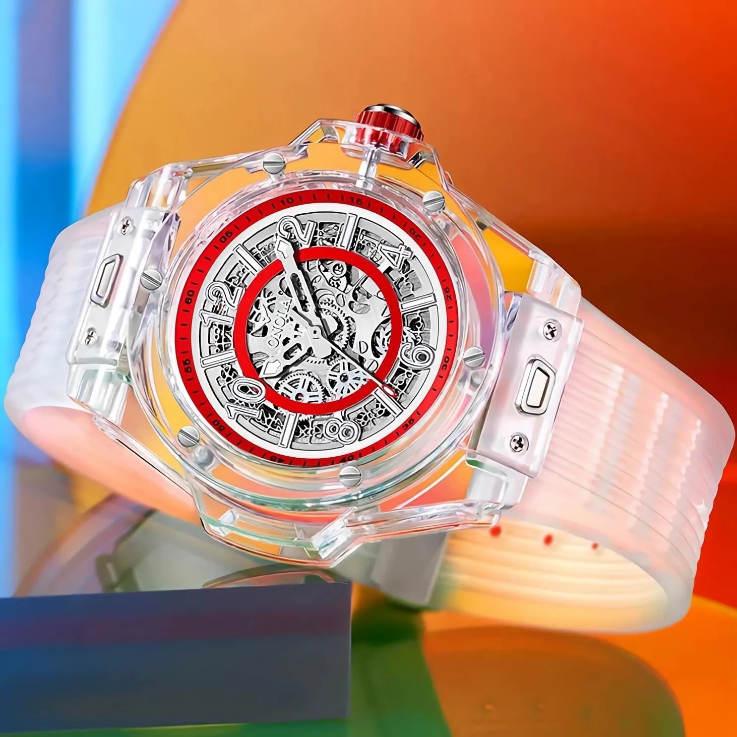 Watches for Men Hollowed Men Mechanical Watches Transparent Tonneau Shape scourge feather affection Case Business Watches Silicone Strap Waterproof Luminous Fashion 