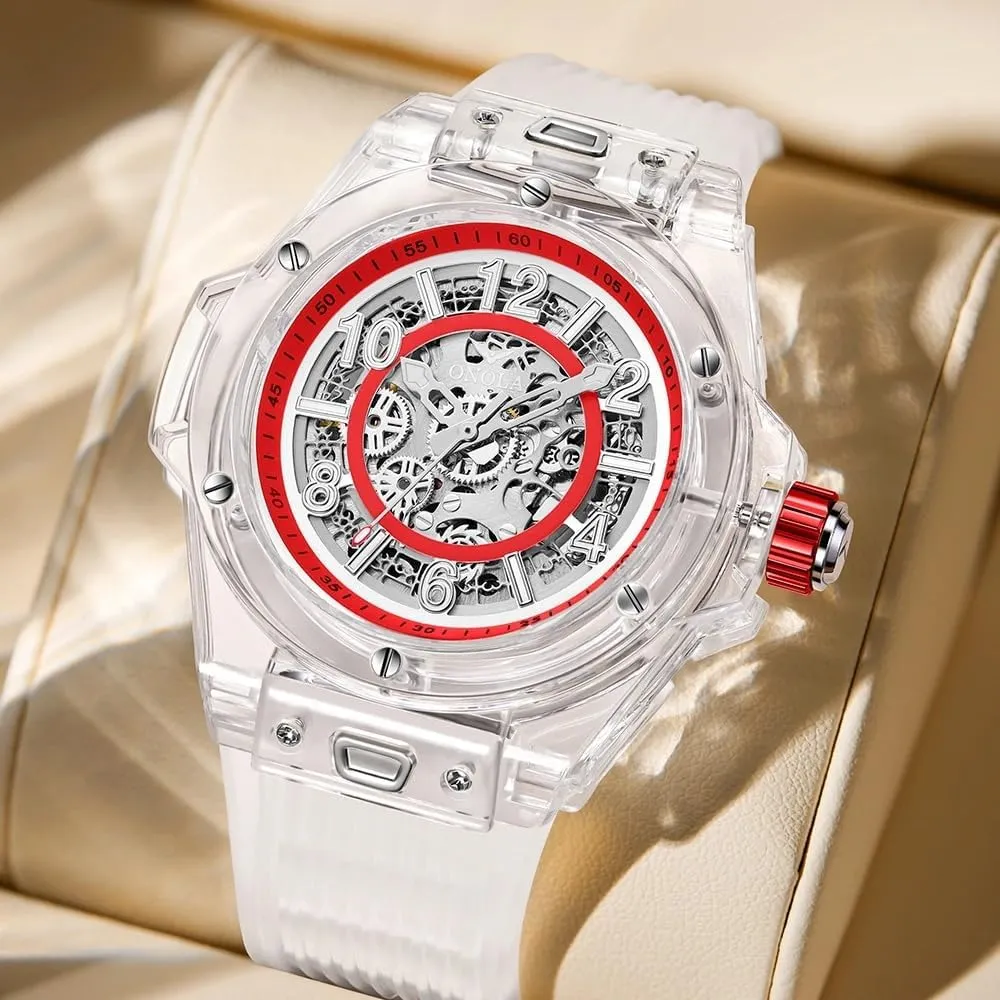 Watches for Men Hollowed Men Mechanical Watches Transparent Tonneau Shape scourge feather affection Case Business Watches Silicone Strap Waterproof Luminous Fashion 