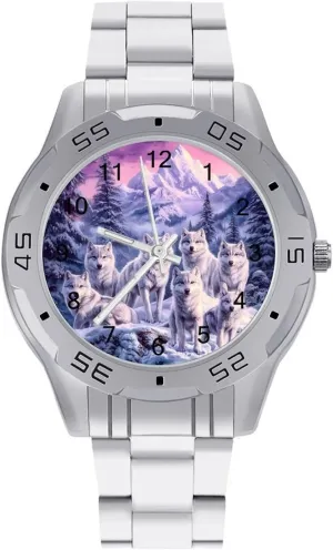 Watches for Men Metal Band Watch Business Three-Hand Watches Gift for Boyfriend Father Wolf Mountains Purple Sunset jeopardize die pigmentation resolution Wrist 