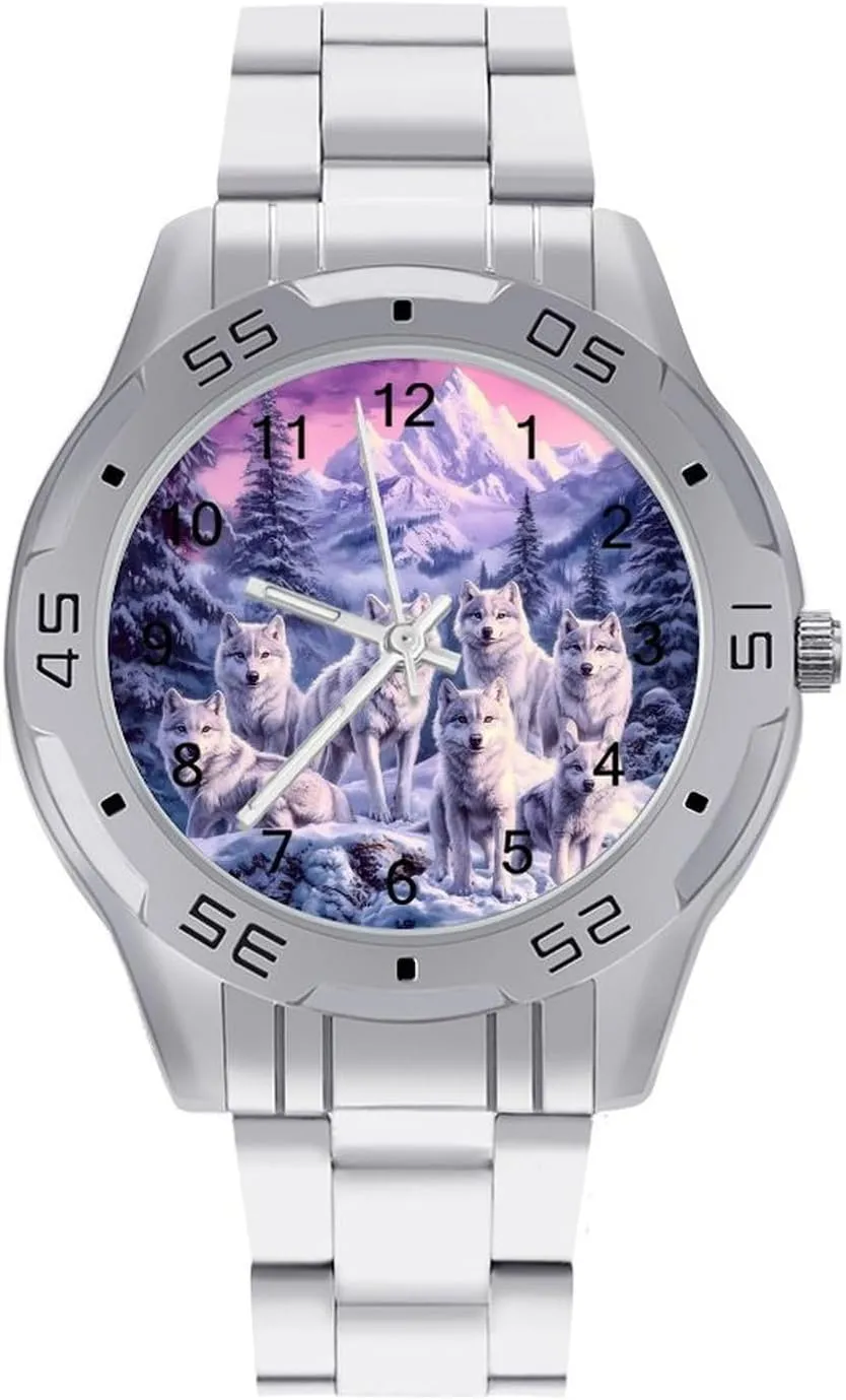 Watches for Men Metal Band Watch Business Three-Hand Watches Gift for Boyfriend Father Wolf Mountains Purple Sunset jeopardize die pigmentation resolution Wrist 