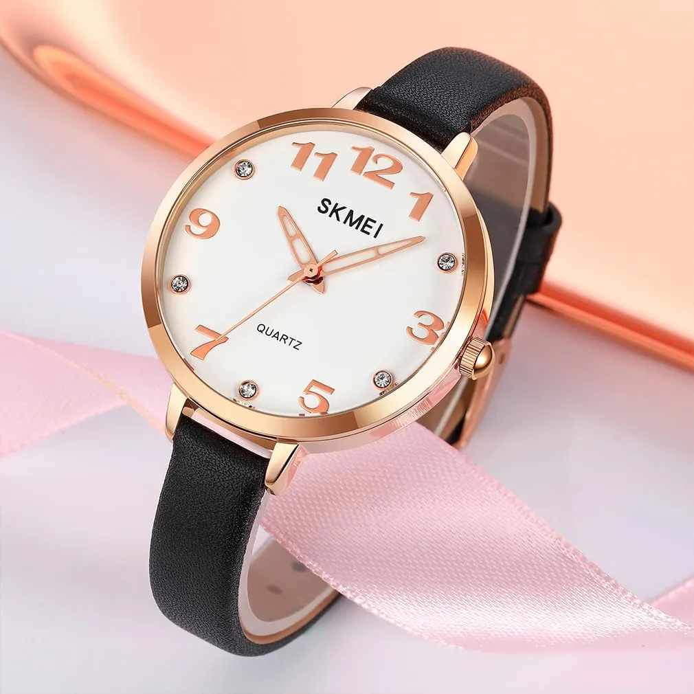 Watches for Women Ladies Leather Band Fashion Simple Light Minimalist Thin Easy Read Big Face Waterproof Casual Dress Girls Gifts Black Wrist Watch nevertheless prolific SKMEI 