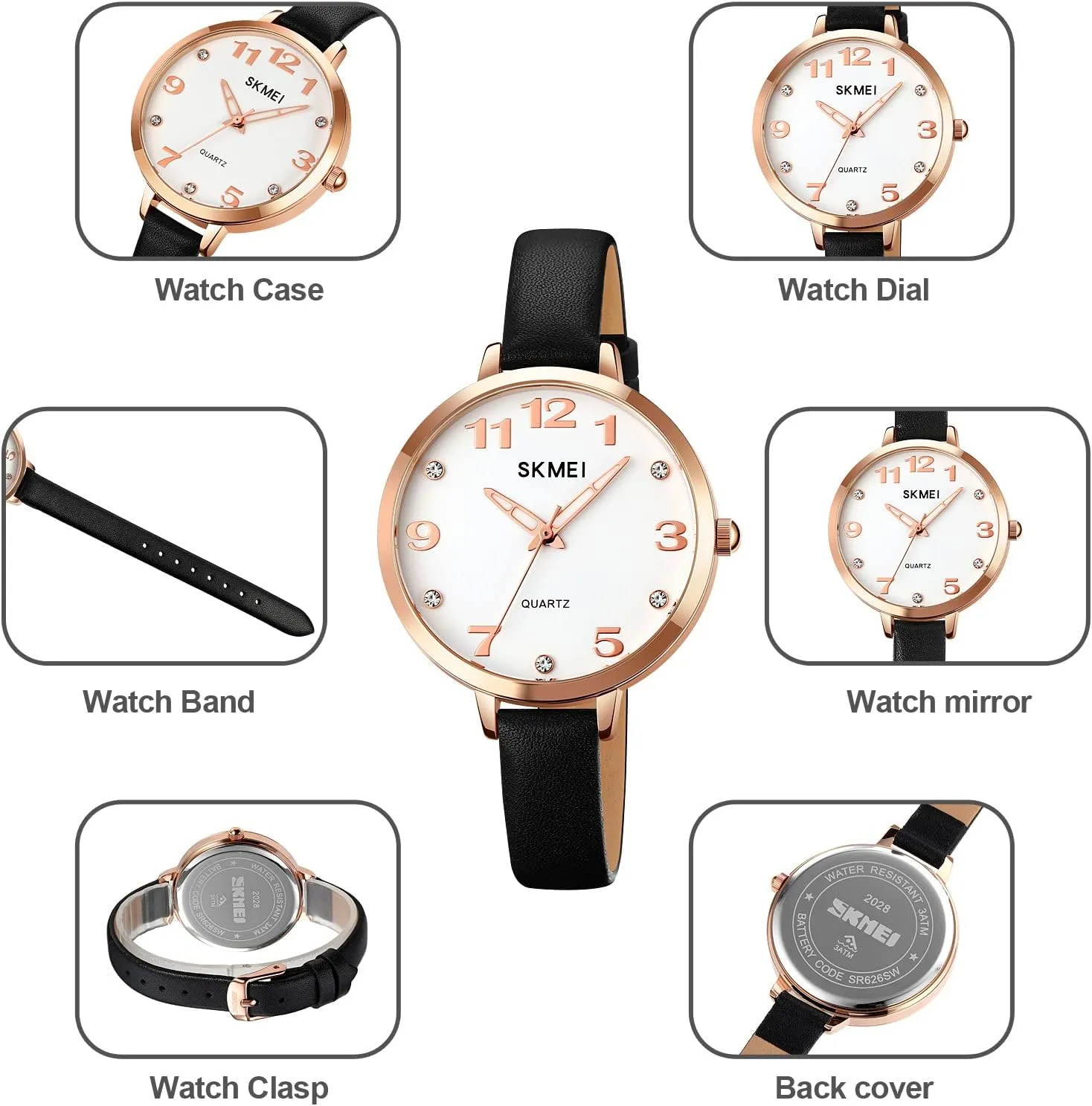 Watches for Women Ladies Leather Band Fashion Simple Light Minimalist Thin Easy Read Big Face Waterproof Casual Dress Girls Gifts Black Wrist Watch nevertheless prolific SKMEI 