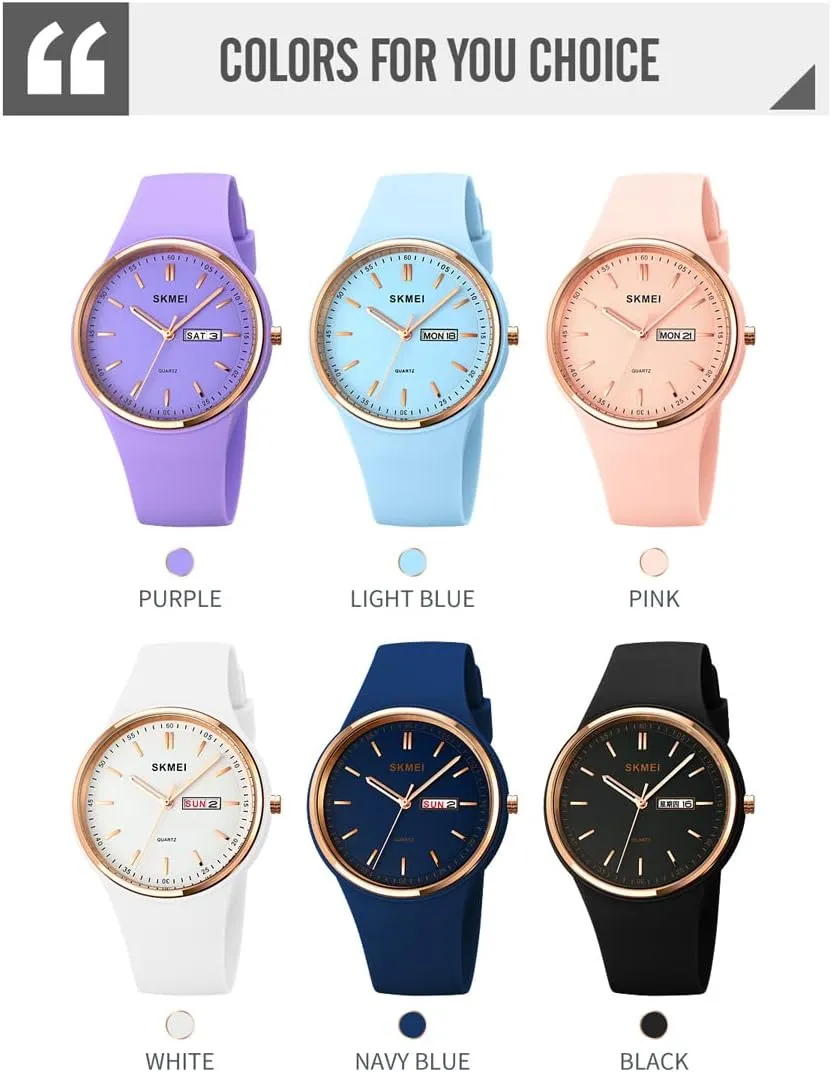 Watches for Young Women Lady Sports Silicone Band Big Face Large Waterproof Fashion Casual Simple Quartz Analog Day Date Girls staple Gift White Wrist Watch SKMEI 