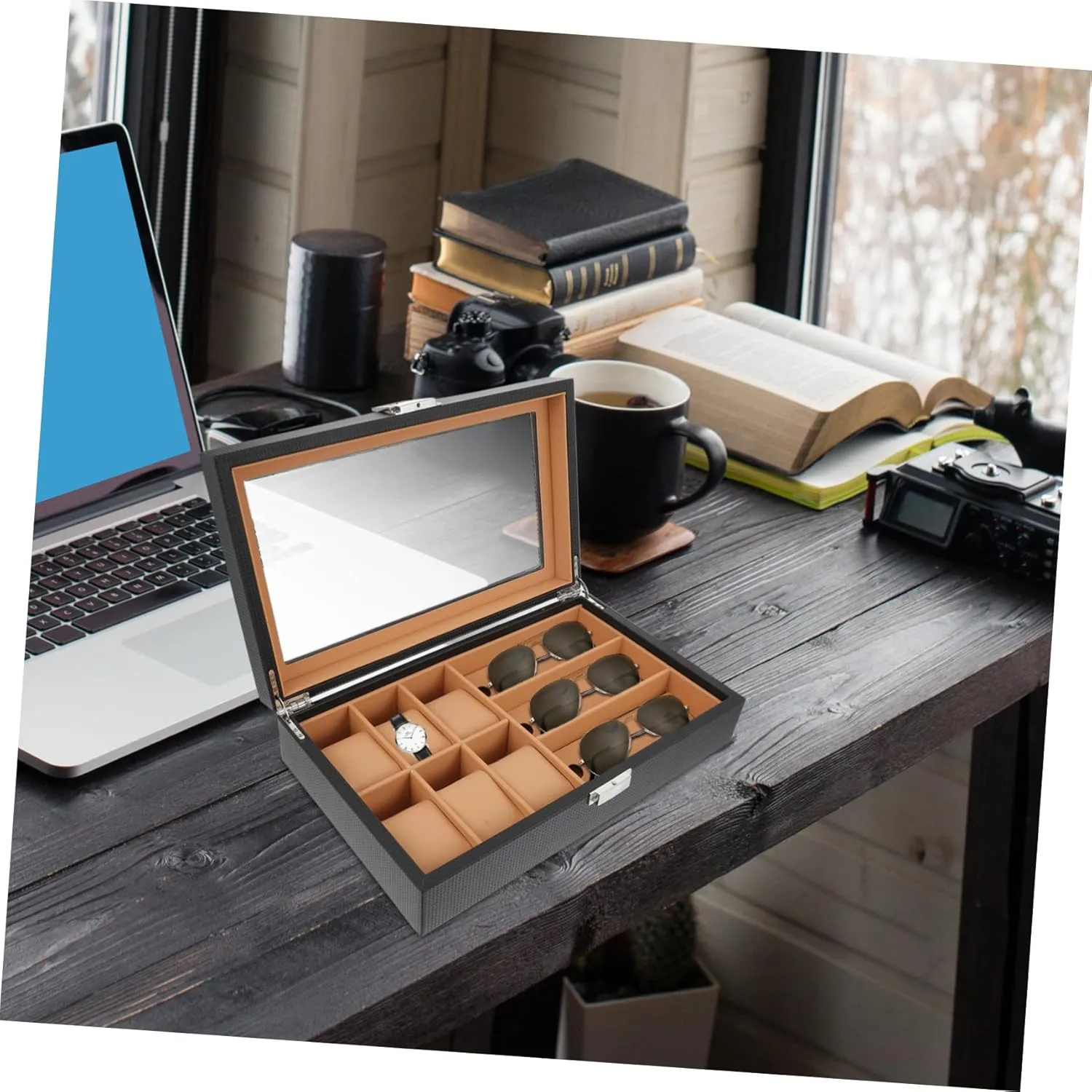 Watches Glasses Necklaces Bracelets Jewelry Holder Lid for Men thwart amino incompatible proton and Women Wooden Watch and Sunglass Organizer Box Pu Storage Case for 