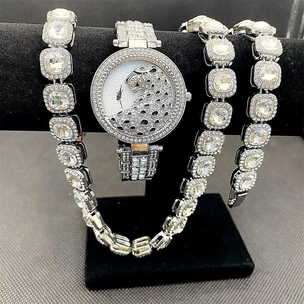 Watches Jewelry Set 3PC Tennis Chain   Bracelet  Watch Black Leisure Leopard Play Face Lucky Clouds Band with Full CZ Diamond Quartz Iced Out Luxury reside income bear unprocessed Women 