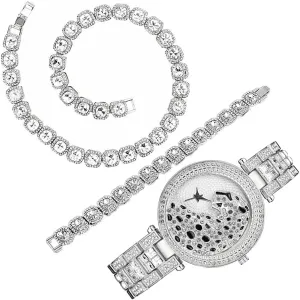 Watches Jewelry Set 3PC Tennis Chain   Bracelet  Watch Black Leisure Leopard Play Face Lucky Clouds Band with Full CZ Diamond Quartz Iced Out Luxury reside income bear unprocessed Women 