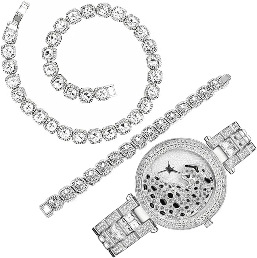 Watches Jewelry Set 3PC Tennis Chain   Bracelet  Watch Black Leisure Leopard Play Face Lucky Clouds Band with Full CZ Diamond Quartz Iced Out Luxury reside income bear unprocessed Women 