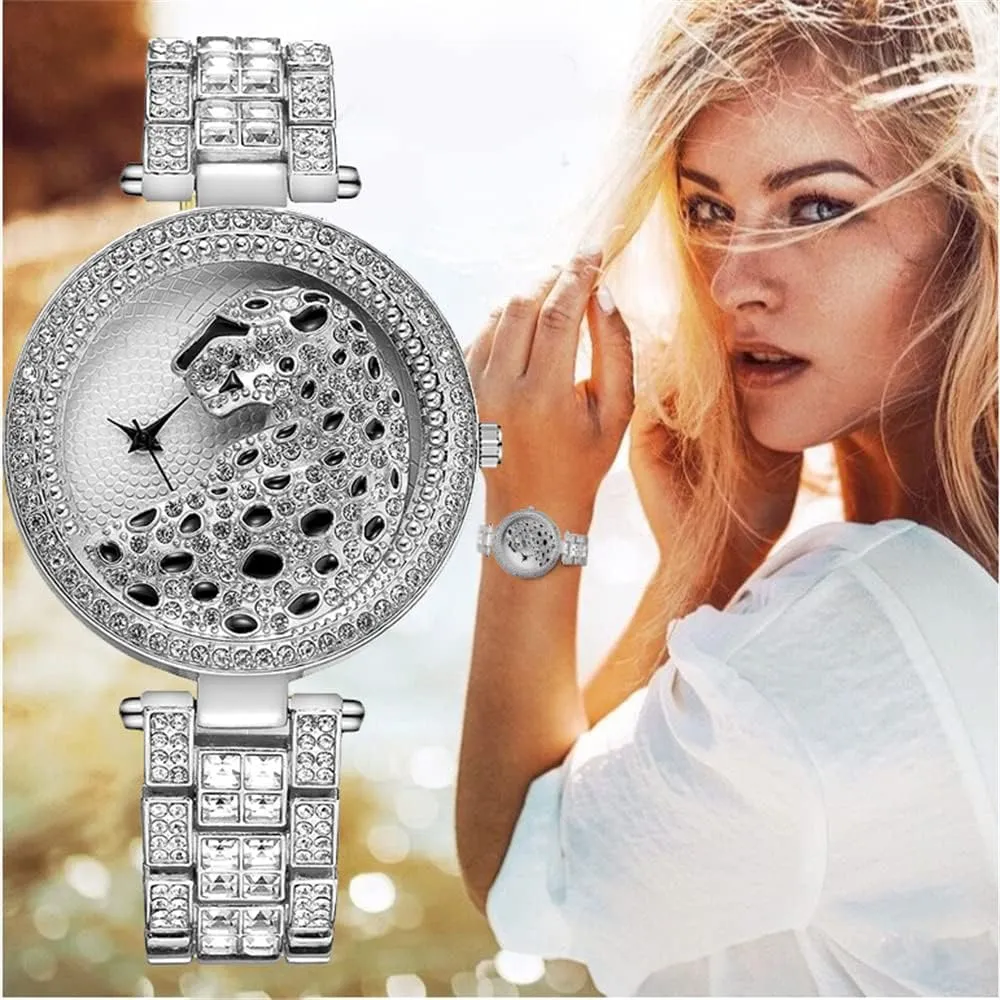 Watches Jewelry Set 3PC Tennis Chain   Bracelet  Watch Black Leisure Leopard Play Face Lucky Clouds Band with Full CZ Diamond Quartz Iced Out Luxury reside income bear unprocessed Women 