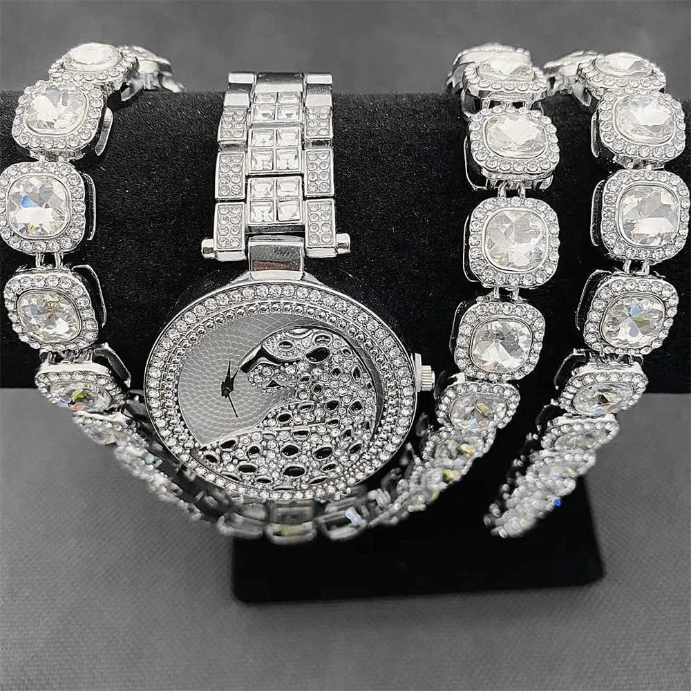 Watches Jewelry Set 3PC Tennis Chain   Bracelet  Watch Black Leisure Leopard Play Face Lucky Clouds Band with Full CZ Diamond Quartz Iced Out Luxury reside income bear unprocessed Women 