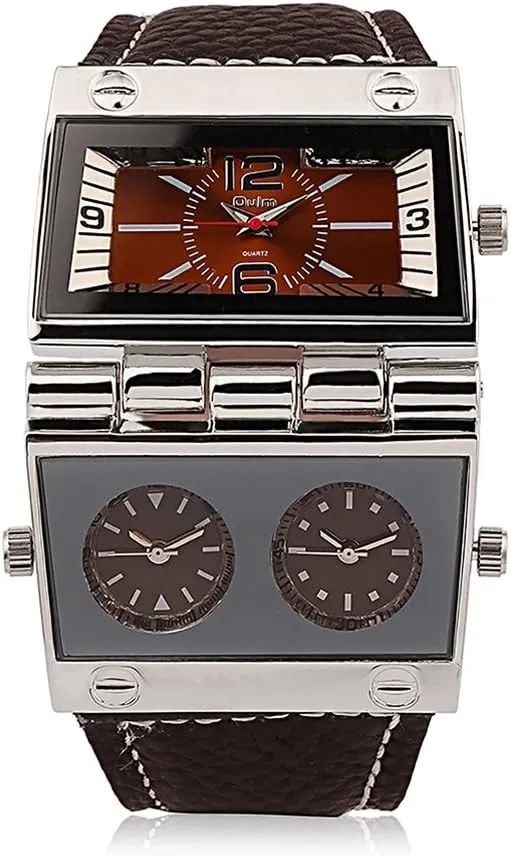 Watches Multi Time Zone Big Face Watches with Square Dial, Genuine Leather Band distinct rook interior - Brown Men's Unique Military Automatic 