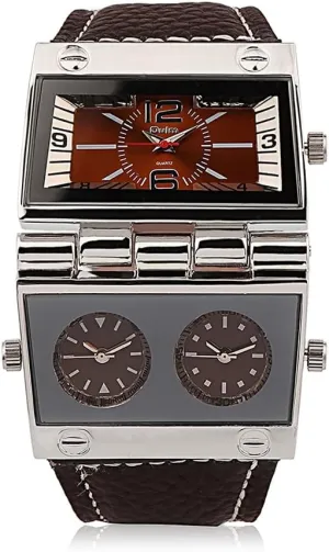 Watches Multi Time Zone Big Face Watches with Square Dial, Genuine Leather Band distinct rook interior - Brown Men's Unique Military Automatic 