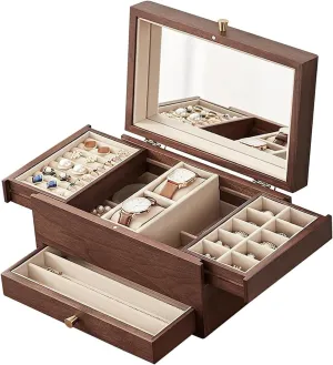 Watches, Necklaces, Rings Earrings 3-Layer Jewelry Box, Multi-functional Organizer with Mirror, Brass Handle, Classical Style Jewelry Armoire Storage, Switzerland reward for 