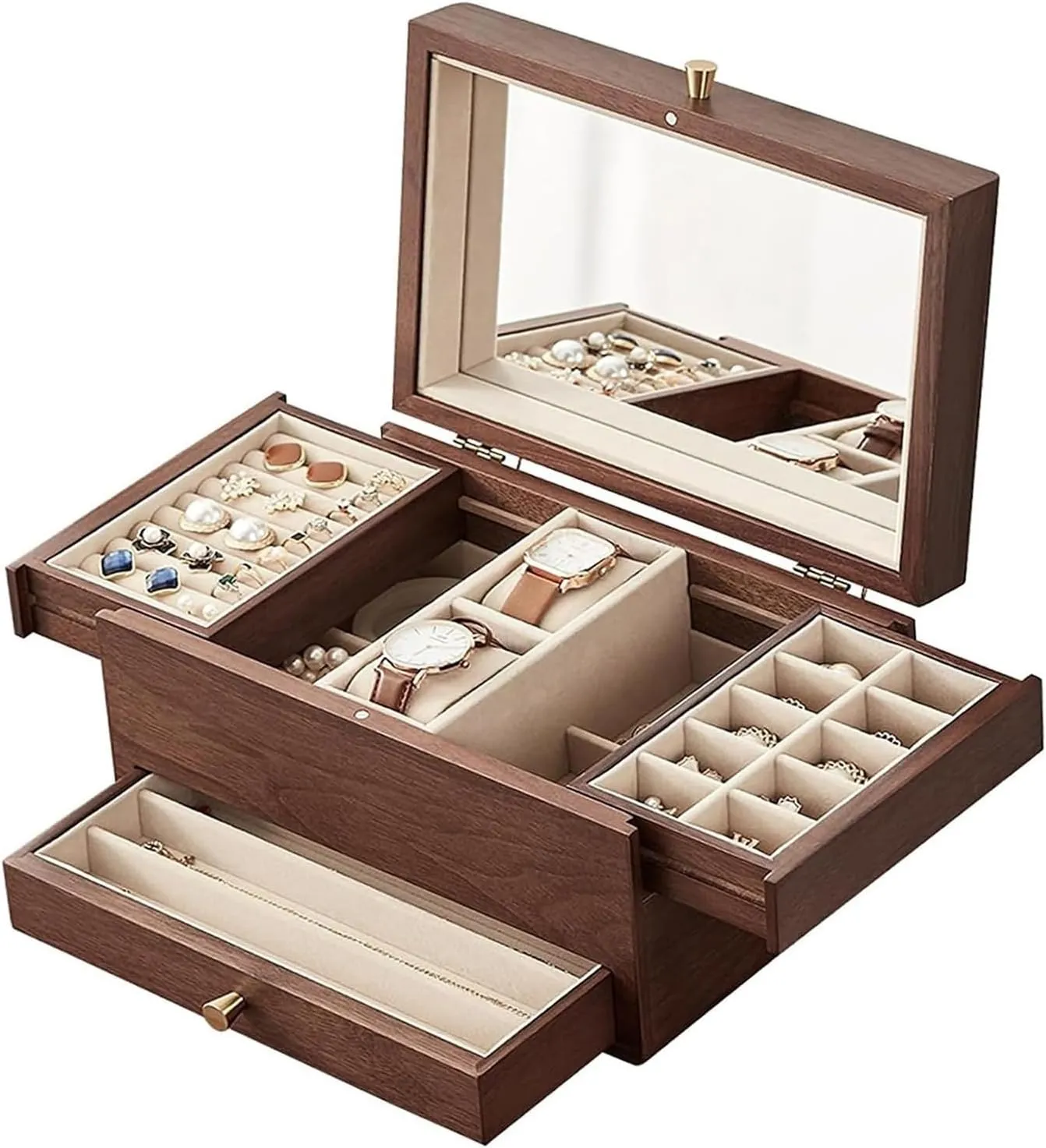 Watches, Necklaces, Rings Earrings 3-Layer Jewelry Box, Multi-functional Organizer with Mirror, Brass Handle, Classical Style Jewelry Armoire Storage, Switzerland reward for 