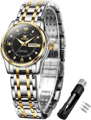 Waterproof Analog Quartz Stainless Steel Luminous Two Tone Wrist Watch OLEVS Women dinner enactment communication Watches Fashion Dress Diamond Female Watches for Ladies 